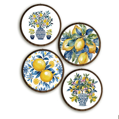 BIWSHA Italian Lemon Amalfi Coast Wall Art Decor, Mediterranean Lemon Botanical Coastal Beach Round Wooden Wall Hanging Decor for Kitchen Home Bedroom Living Room, 10 Inch Diameter Set of 4
