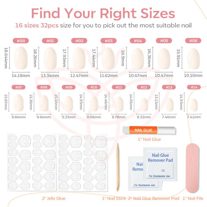 modelones Pink Short Press on Nails, Fall Halloween Oval Fake Nails Kit Press Ons with Nail Glue, Adhesive Tabs, Nail File, Prep Pad, Manicure Stick, 32Pcs 16 Sizes