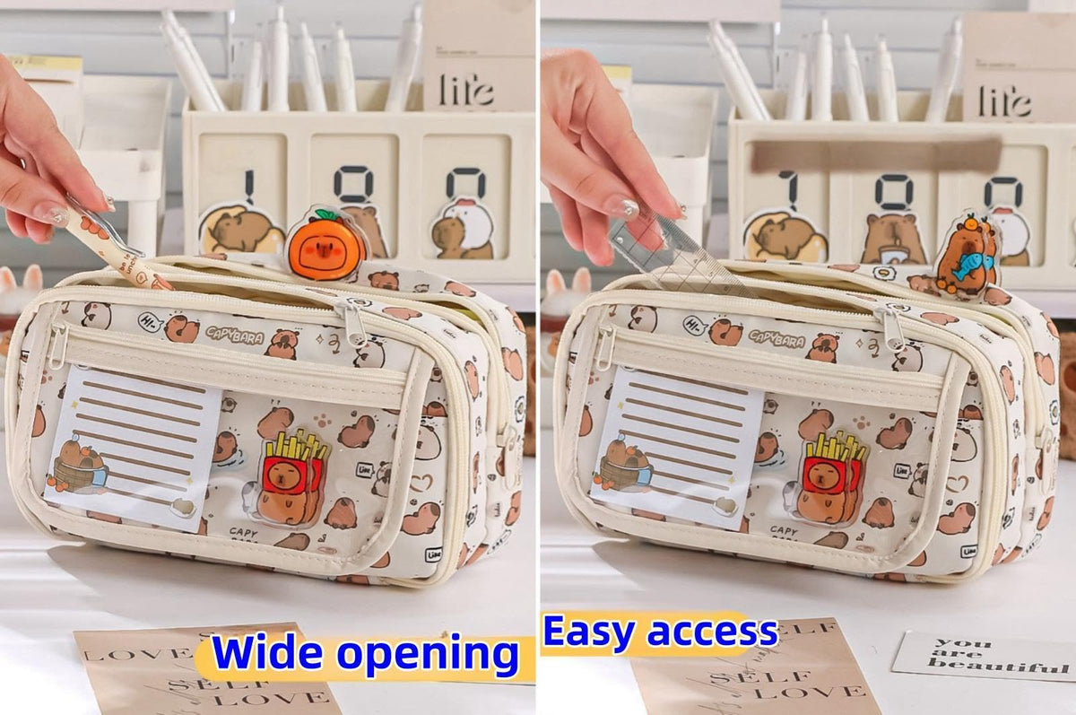 VTYFRY Cute Kawaii Pencil Case Pouch Cartoon Pen Box Holder Organizer for Office Workspace Supplies Desk Accessories Travel Essentials Aesthetic Trendy Cool Stuff Gift Large Capacity (Purple Kapibala)