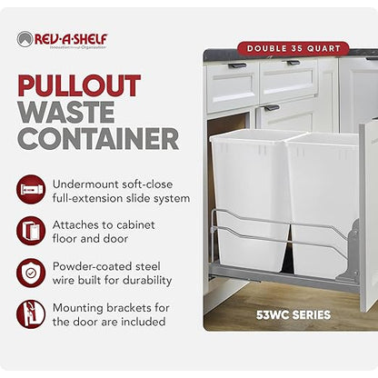 Rev-A-Shelf Double 35 Qt Pullout Trash Cans with Soft-Close for Under Kitchen Cabinets, Min Opening Width of 14.5", White, 53WC-1835SCDM-211
