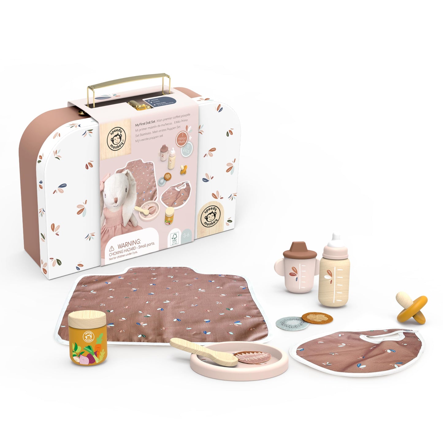 SPEEDY MONKEY Flowers Cottage Wooden Playset with Doll Pram & Doll Play Set | Wooden Baby Doll Stroller with Rabbit Baby Doll Playset with Feeding Accessories | Role Play Gift Set for Girls & Boys