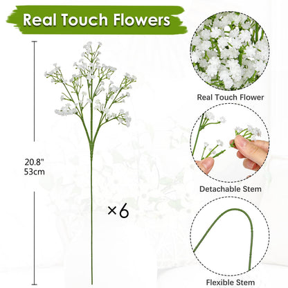 DILATATA 6pcs Artificial Baby’s Breath Flowers, 20" White Silk Gypsophila, Wedding Bouquet, DIY Floral Arrangements, Home Decor, Party Centerpieces, Craft Supplies