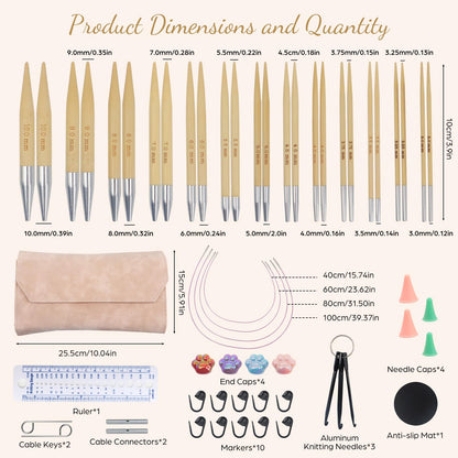 Soleeya 13 Pairs Interchangeable Knitting Needles Set,Interchangeable,Circular Bamboo Knitting Needles for Beginners 0.12-0.39in Handmade DIY, Complete Accessories