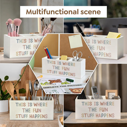 ELMCH Boho Classroom Pen Pencil Holder for Kids, Boho Playroom Wood Desk Organizer and Accessories, This Is Where the Fun Stuff Happens Pen Holder Desk Organizer for Kids Classroom Playroom Tabletop
