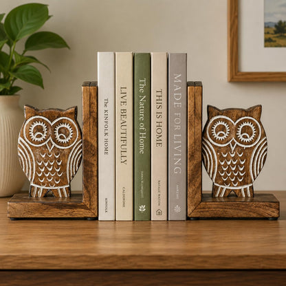 eTroves Wood Bookends for Shelves. Decorative Wooden Owl Bookend for Heavy Books, White Wood, 6 Inch