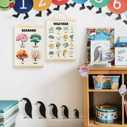 TLESKE 4 Seasons Weather Chart Poster Hanger Frame for Toddler Kid Classroom Set of 2, Homeschool Hanging Wall Art Decor for Nursery Playroom, Preschool Prek Learning Educational Poster, 12x16
