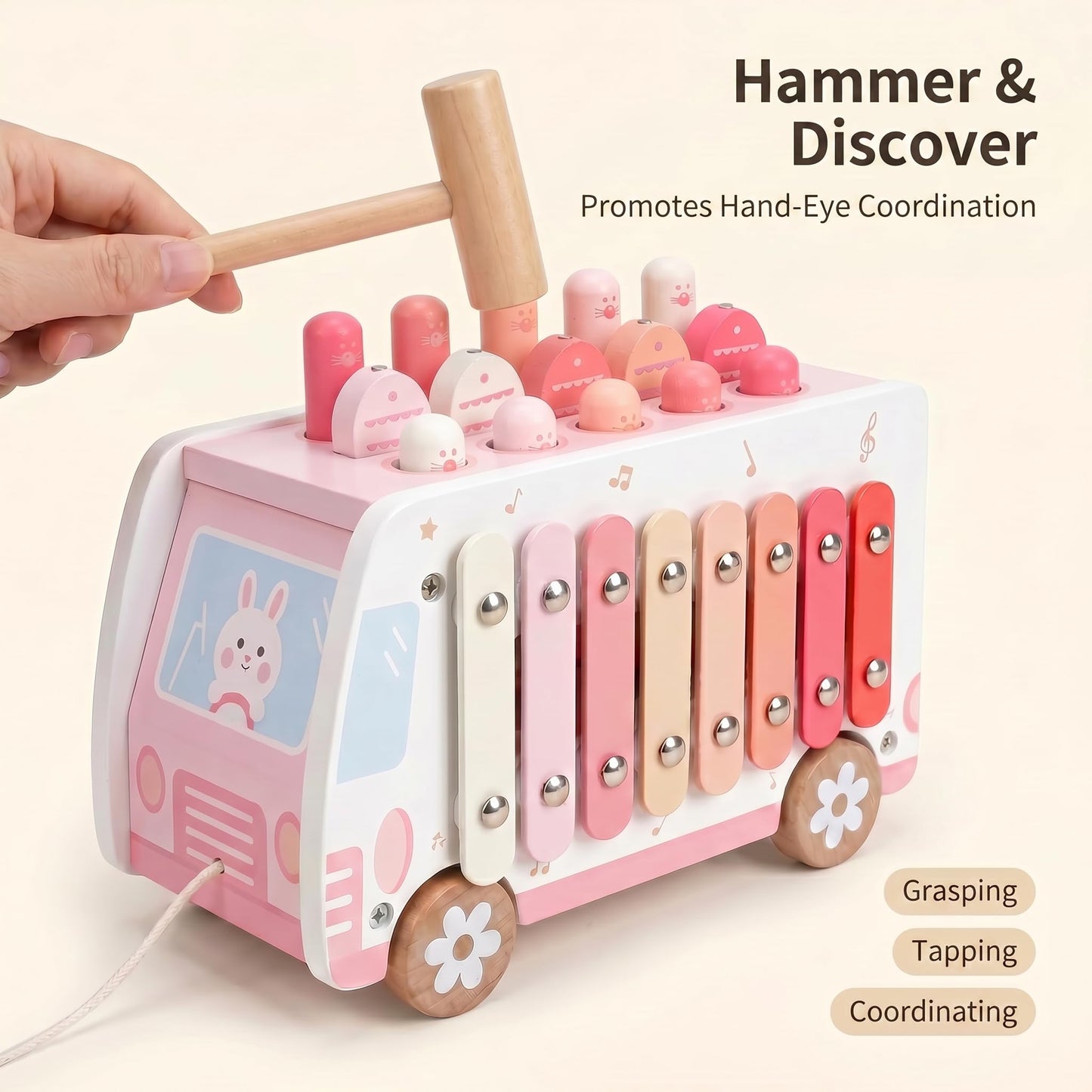 Thirrni 5-in-1 Wooden Montessori Toy for Toddlers 1-3, Pounding, Xylophone, Magnetic Fishing, Gear and Push Car Activity Toy for Learning and Fine Motor Skills