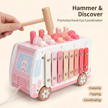 Thirrni 5-in-1 Wooden Montessori Toy for Toddlers 1-3, Pounding, Xylophone, Magnetic Fishing, Gear and Push Car Activity Toy for Learning and Fine Motor Skills