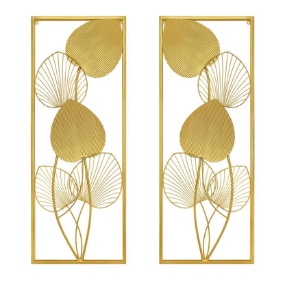 XUANYUQL 2 Pieces Metallic Leaves Wall Decors Luxury Golden Metal Art Wall Sculptures 32" X 12" Modern Wall Hanging Sculptures with Frame for Bedroom Living Room Kitchen Dining Room Office