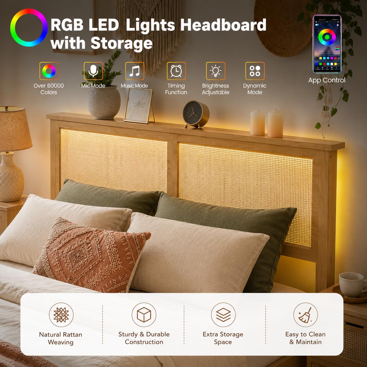 GAOMON Queen Size Rattan Wood Bed Frame, Rattan Bed with LED Light & Natural Headboard, Boho, Storage Space Underneath, Sturdy Wooden Slats Support, No Box Spring Needed