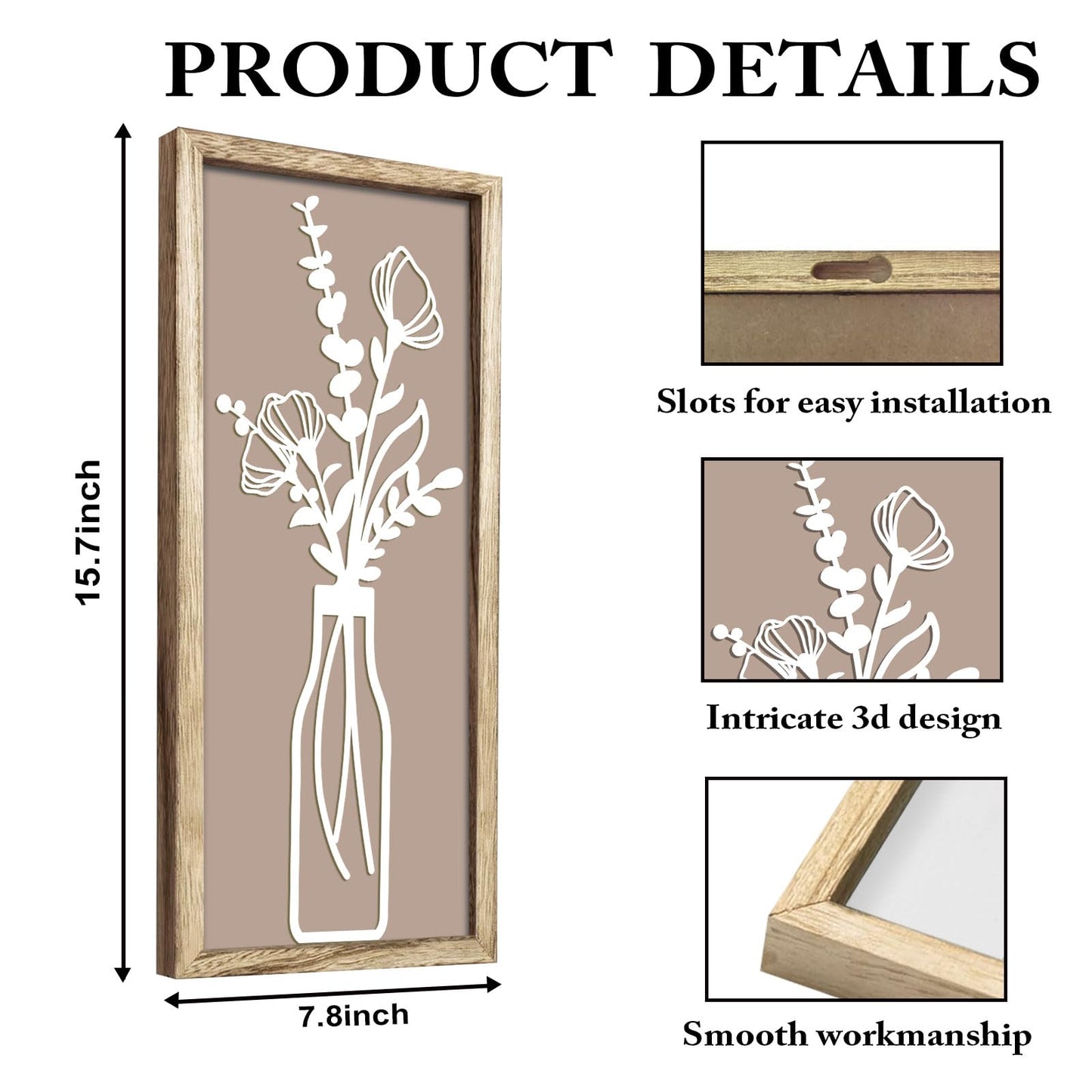 Pigort 3 Pieces Wooden Framed Floral Wall Arts - Farmhouse Flower Wall Art Natural Themed Home Wall Decors for Living Room Bedroom Dining Room Office 7.8x15.7 Inch (Retro)