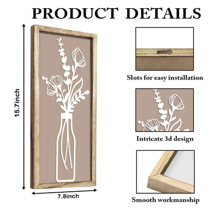 Pigort 3 Pieces Wooden Framed Floral Wall Arts - Farmhouse Flower Wall Art Natural Themed Home Wall Decors for Living Room Bedroom Dining Room Office 7.8x15.7 Inch (Retro)