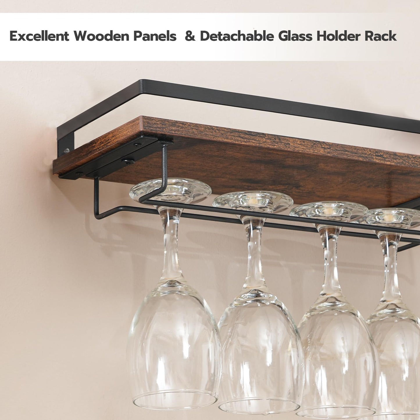 HOOBRO Wall Mounted Wine Rack 3 Pack, Wine Rack with Glass Bottle Holder, Hanging Wine Shelves with Stemware Hanger, Wine Display Storage Rack for Home Bar, Kitchen, Dining Room, Rustic Brown BF34BJ01