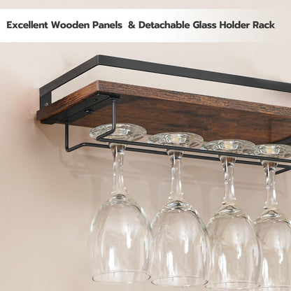 HOOBRO Wall Mounted Wine Rack 3 Pack, Wine Rack with Glass Bottle Holder, Hanging Wine Shelves with Stemware Hanger, Wine Display Storage Rack for Home Bar, Kitchen, Dining Room, Rustic Brown BF34BJ01