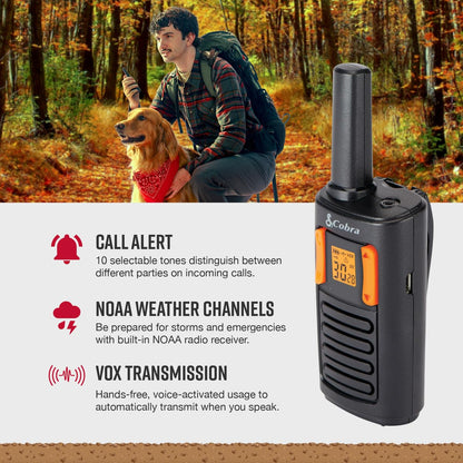 Cobra RX680 Walkie Talkies (2-Pack) - Rugged & Splashproof Two Way Radios Long Range, IP54 Water Resistant Design, 60 Pre-Programmed Channels, Weather Alerts, Included Charging Dock (Black/Orange)