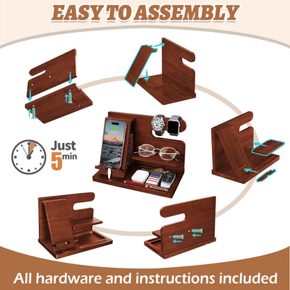 Wood Phone Docking Station - Nightstand Organizer for Cell Phone, Watch, Wallet - Birthday Gift for Dad or Husband