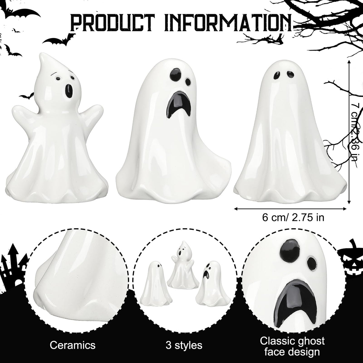 Domensi 6 Pcs Ghost Decor Ceramic White Figurines Ghost Statue Spooky Halloween Decor Scary Statue Decoration Cute Sculpture for Gift Props Home Tabletop Decorations(Classic)