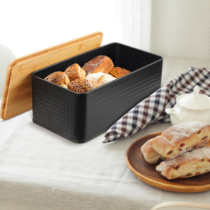 Hossejoy Metal Bread Box with Bamboo Cutting Board Lid, Bread Storage Container for Kitchen Countertop, Modern Bread Bin Holder Breadbox, Kitchen Decor Organizer (Black)