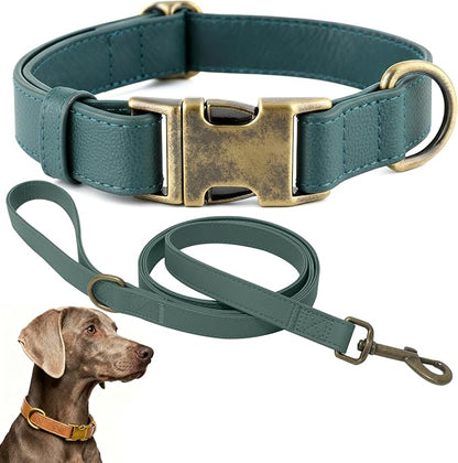 Dog Collar and Leash Set,Leather Silicone Waterproof Odor-Proof Dog Collar and Leash for Medium Dogs, Soft Flexible Dog Collars, Durable Thick Adjustable Pet Collar (Green, Medium (12.5-20 "Neck))
