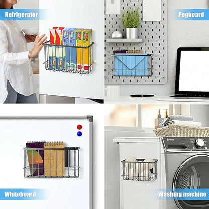 NiHome Magnetic Metal Basket Organizers, Dryer Ball Holder, 2PCS Medium & Small, Versatile Storage for Kitchen & Office Holds Up to 14 lbs, Easy Attach to Refrigerator or Any Magnetic Surface(Black)