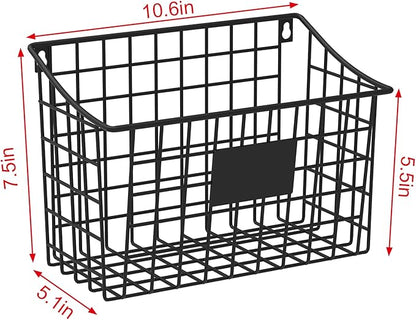Wall Mounted Bin Basket with 5 Hooks 3 Label Plate Adhesive-3 Pack, Cabinet