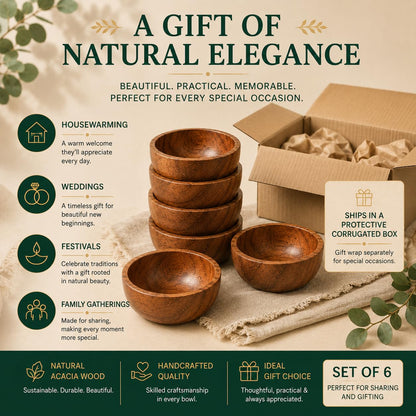 WEBHUSHI Acacia Wood Bowls: Handcrafted, Rustic, 6 Bowls of 3.75-inch, 0.25 liters Capacity Each