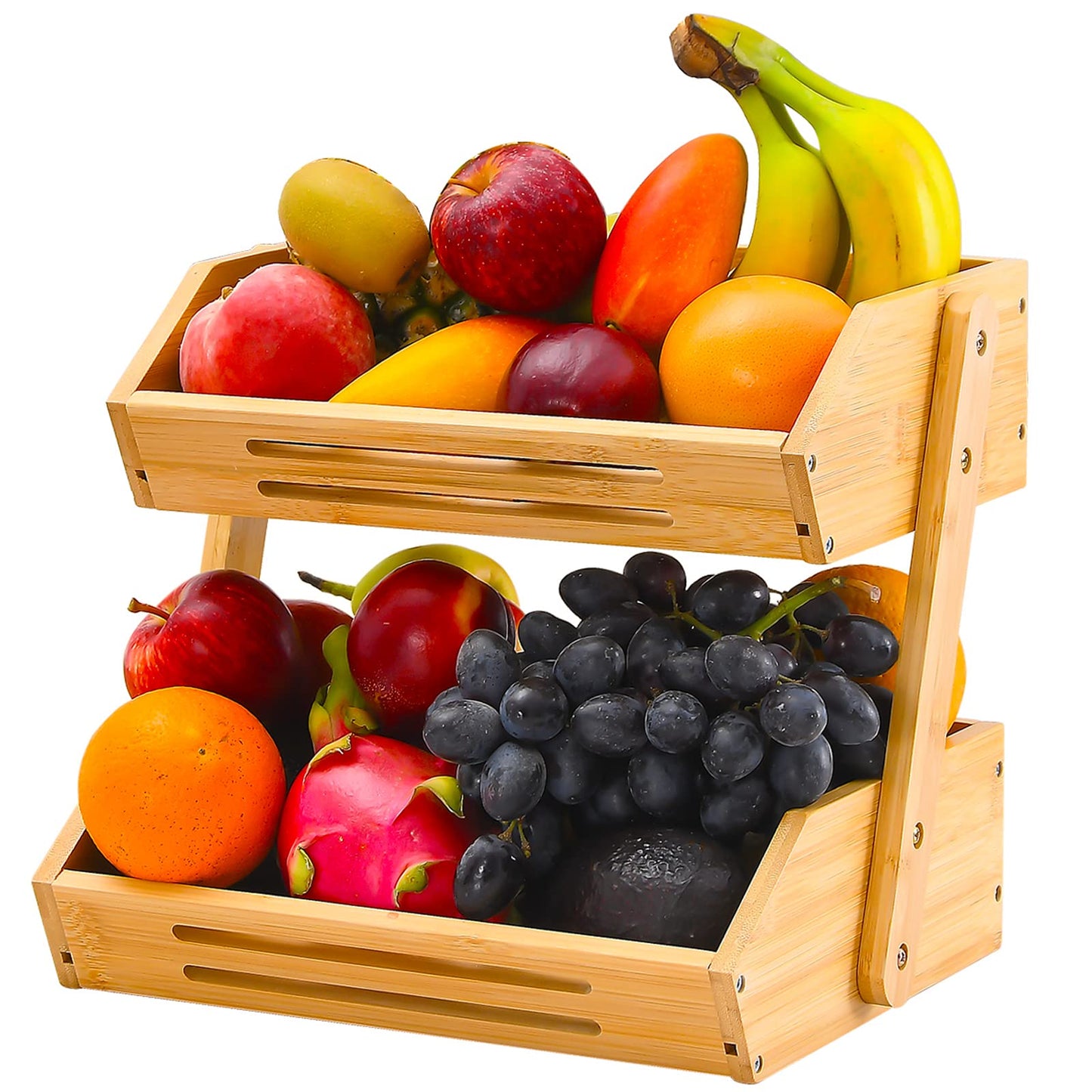VIKEYHOME Fruit Basket, 2 Tier Bamboo Fruit Basket for Kitchen, 11" Tall Fruit Stand Storage Holder, Heavy Duty/Large Capacity for Vegetables, Fruit, and Snack, 15 mm Thickness (Self-assembly)