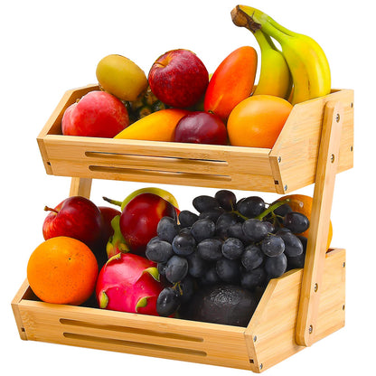VIKEYHOME Fruit Basket, 2 Tier Bamboo Fruit Basket for Kitchen, 11" Tall Fruit Stand Storage Holder, Heavy Duty/Large Capacity for Vegetables, Fruit, and Snack, 15 mm Thickness (Self-assembly)