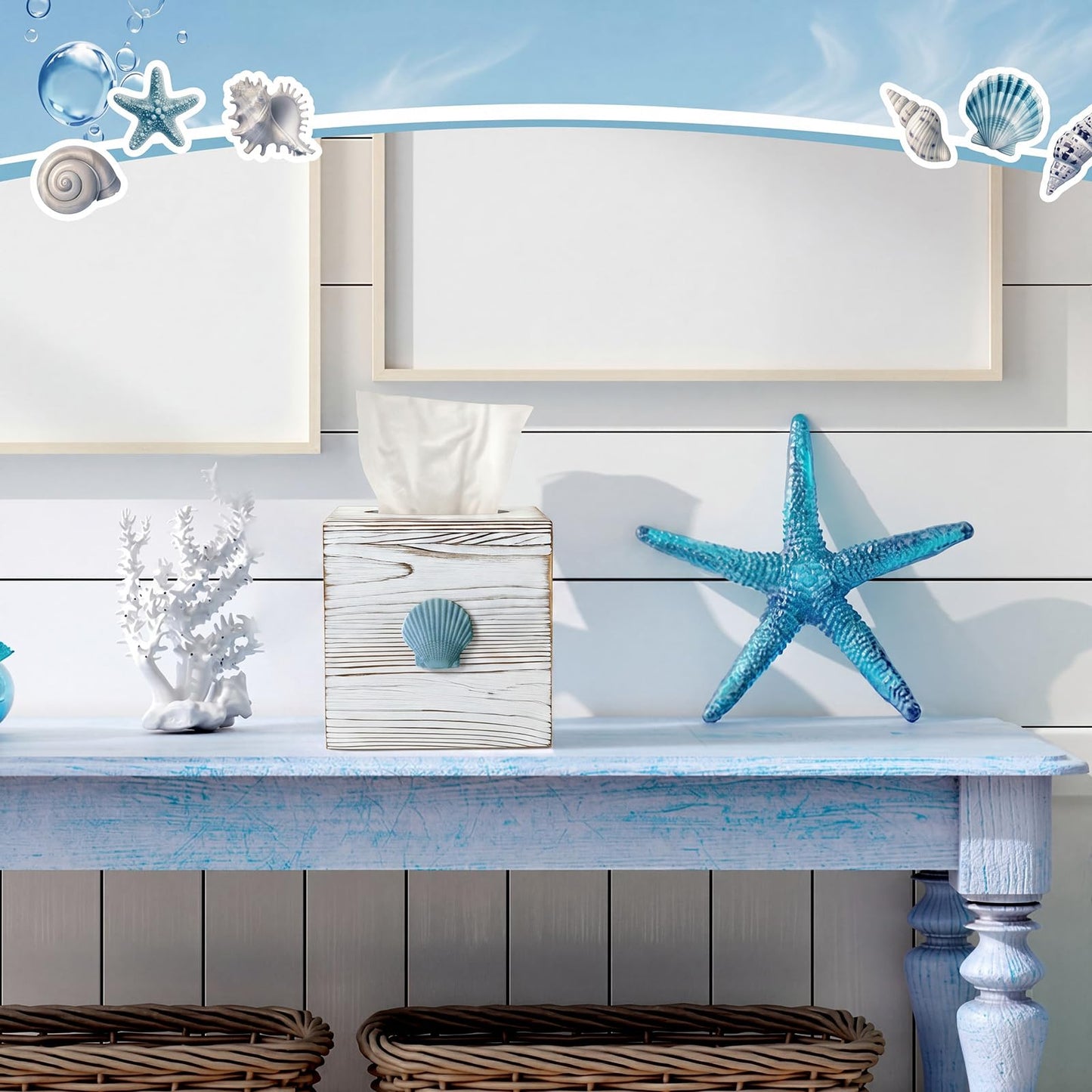 Thyle 2 Pcs Coastal Tissue Box Cover, Wooden Beach Square Tissue Box Holder Closure Starfish Shell Decorations Farmhouse Cube Napkin Holder for Coastal Bathroom Home Accessories Living Room Bedroom