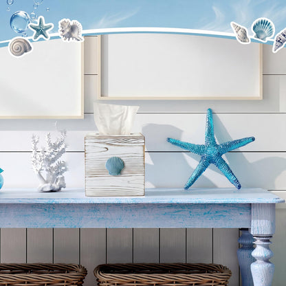 Thyle 2 Pcs Coastal Tissue Box Cover, Wooden Beach Square Tissue Box Holder Closure Starfish Shell Decorations Farmhouse Cube Napkin Holder for Coastal Bathroom Home Accessories Living Room Bedroom