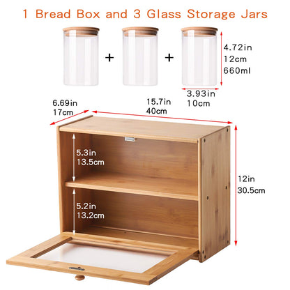 Bread Box, 2 Layer Bamboo Bread Boxes with transparent windows for Kitchen Food Storage, Equipped with three transparent glass storage Kitchen Canisters，15.7" x 6.69" x 12", (Assembled)