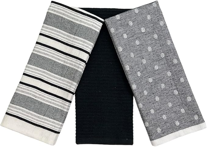 Black White Kitchen Hand Dish Towels: Oversized 28" x 16", 100% Cotton Cloth