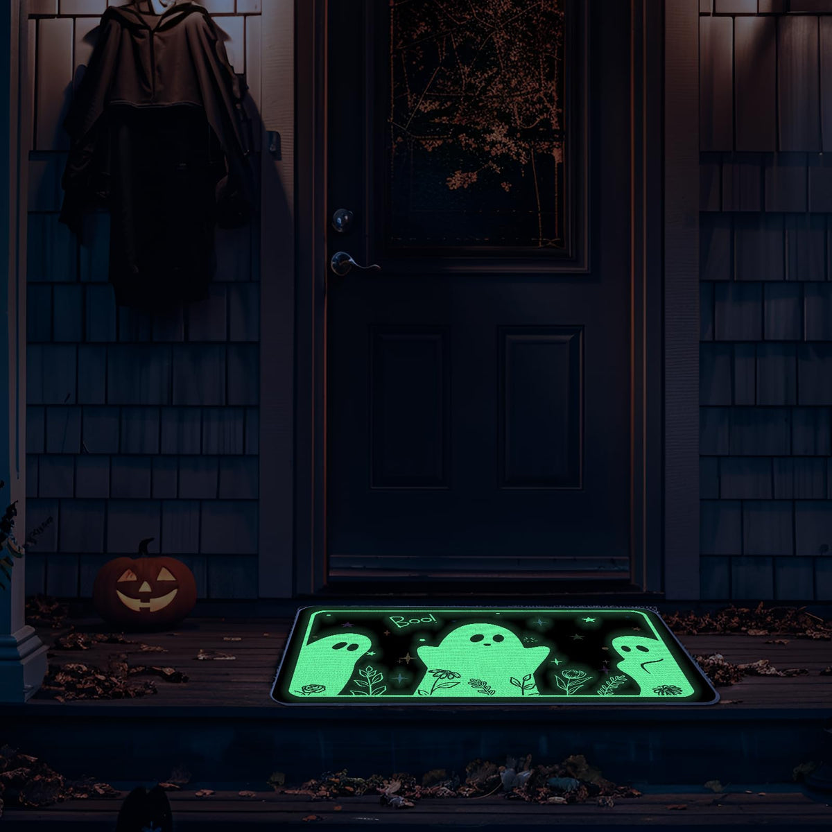 QIONG MENG Halloween Door Mat Rug Ghost Decorative Glow in The Dark Doormats Luminous Entrance Rugs Floor Front Mats for Farmhouse Home Kitchen 17 x 27 Inch