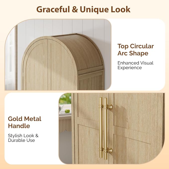 VINGLI Arched Wardrobe Closet Armoire with Drawer, 70" Tall Wooden Wardrobe Closet,Clothing Storage Cabinet, Large Capacity Storage, Natural Oak