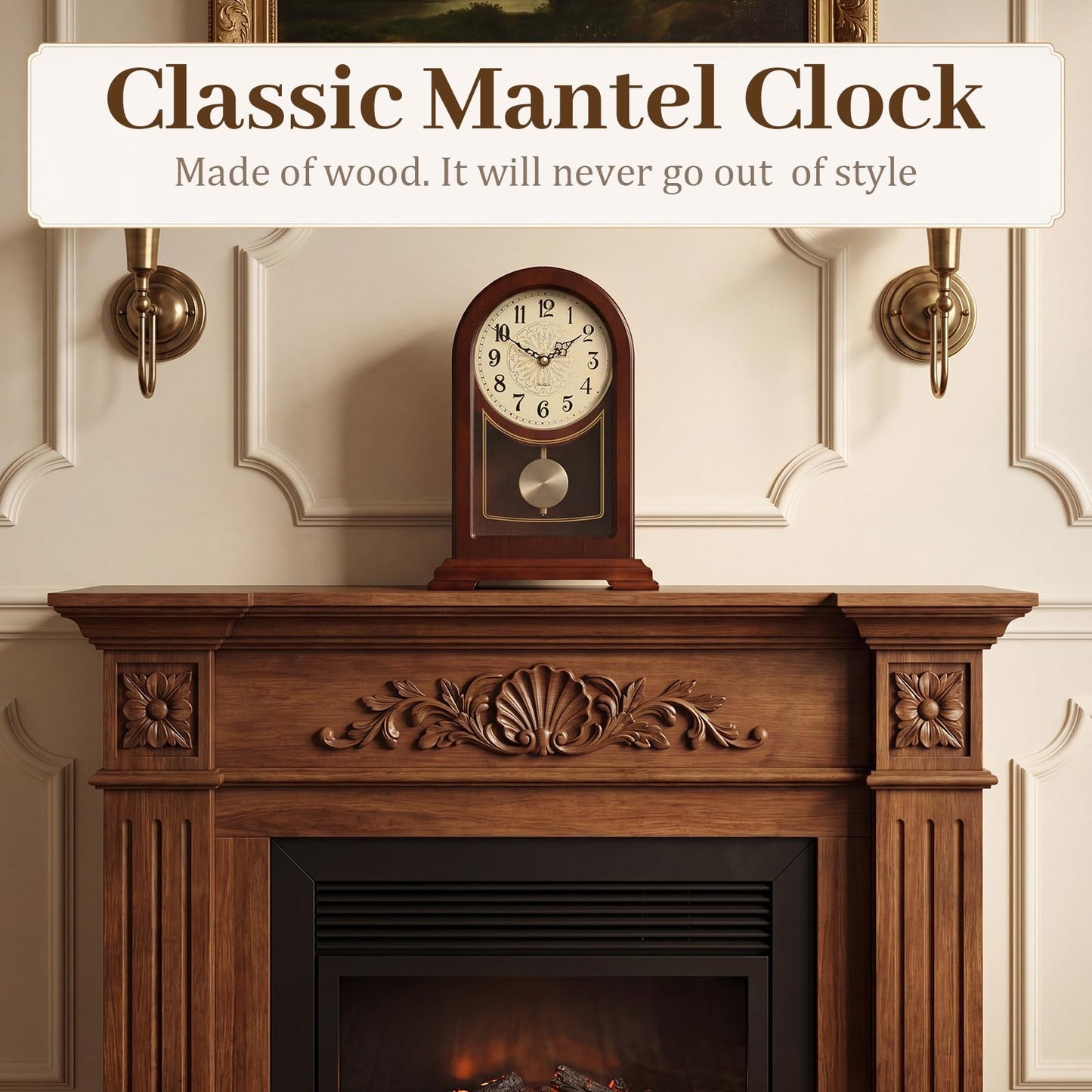 Tondiamo Brown Wooden Mantel Clock with Hourly Chime Swinging Round Pendulum Silent Quartz Desk Clocks Table Clock for Living Room Decor Above Fireplace Shelf Office, Battery Operated