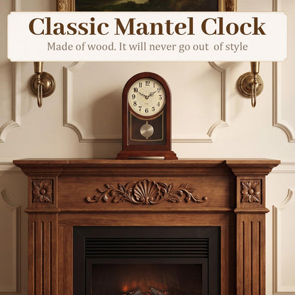 Tondiamo Brown Wooden Mantel Clock with Hourly Chime Swinging Round Pendulum Silent Quartz Desk Clocks Table Clock for Living Room Decor Above Fireplace Shelf Office, Battery Operated