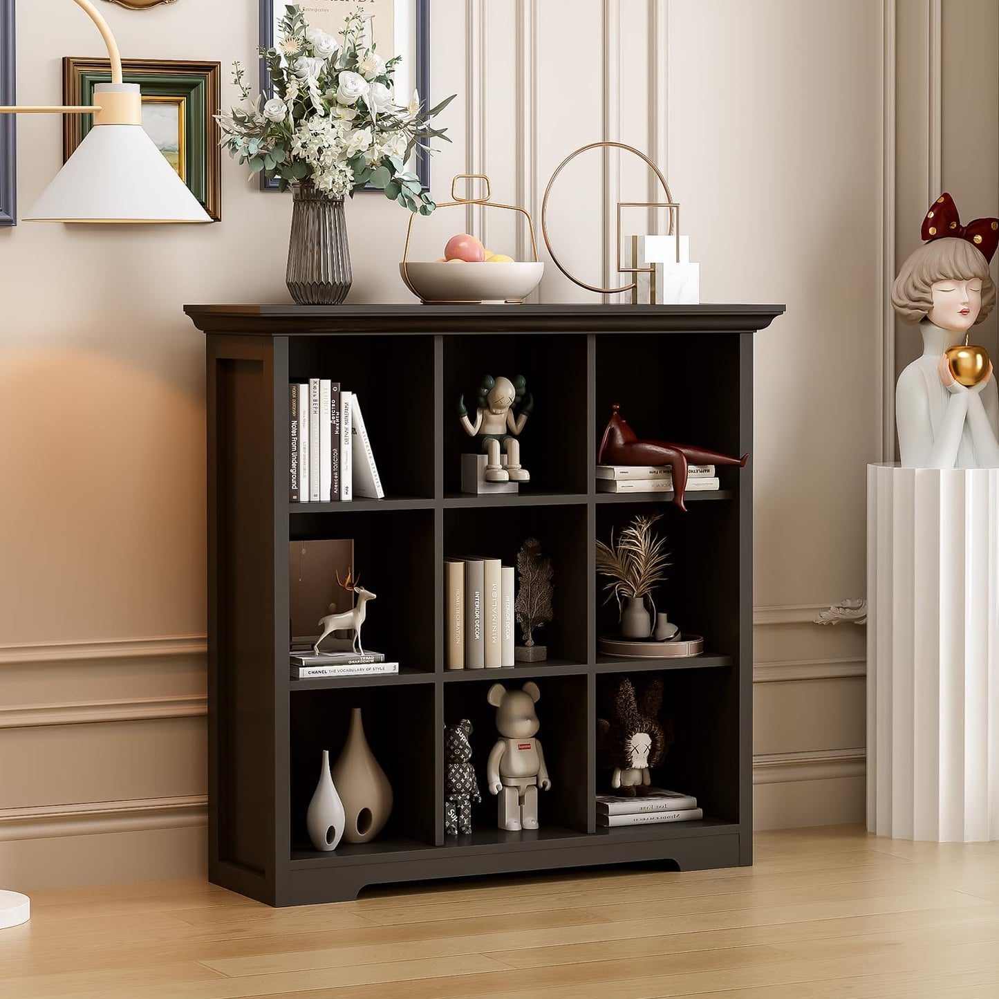 OSCHF Cube Storage Bookcase with Base - Wooden 3 Tiers Floor Standing Open Shelf Cabinet for Home and Office, 9-Cube Lattice Bookshelf, Black