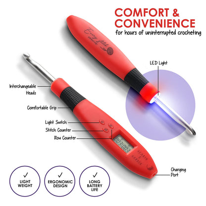 Hearth & Harbor Light Up Crochet Hook Set with Case, Counting Crochet Hook Set Digital for Stitch and Row Counter, Lighted Crochet Hook Set with 9 Interchangeable Crochet Hooks
