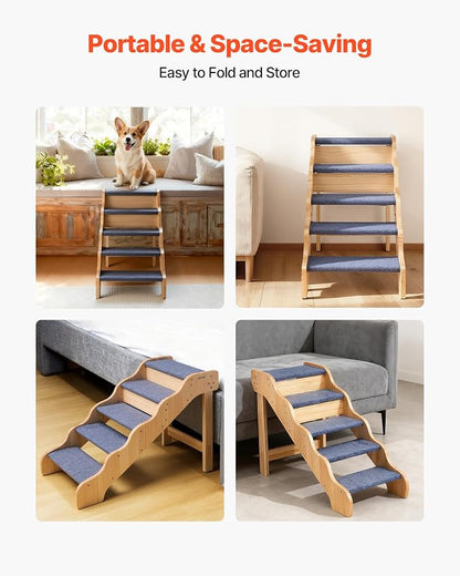 VEVOR Wood Pet Stairs, 5-Step Dog Stairs for High Beds, Sofa & Cars, 150lbs Load Capacity, Non-Slip Surface, Stable Cat & Dog Step Ladder for Small Medium Large Older Pet Puppy Essentials