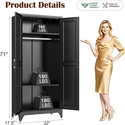 SteeLoong Metal Wardrobe Cabinet with Hanging Rod, 71" Tall Armoire Wardrobe Closet with 2 Doors and Adjustable Shelves, Black Clothing Storage Cabinets for Bedroom, Laundry Room, Cloak Room