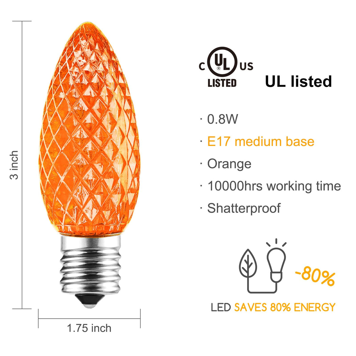 Minetom C9 Orange LED Replacement Light Bulbs, 25 Pack, Dimmable, Acrylic, Fits C9/E17 Base Sockets