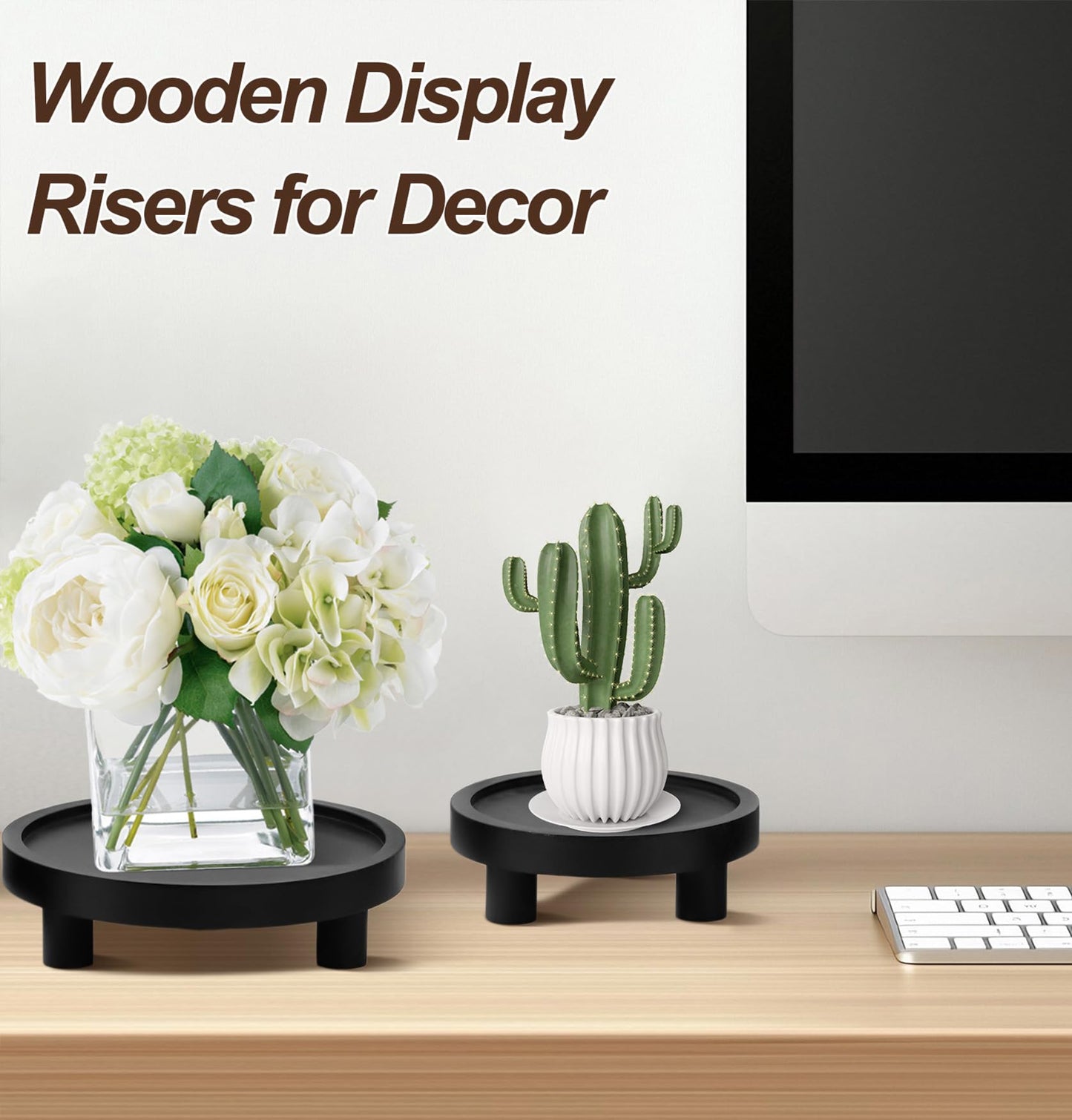 3 Pcs Wood Plant Stand Indoor Outdoor, Wooden Stool Display Stand 5/6/8" Round Riser Flower Pot Holder with Raised Edge Small Planter Tray Modern Potter Decorative for Garden Desktop Home Table Counter Room (Black)
