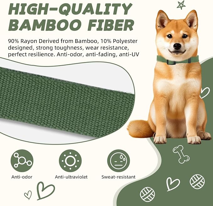 Green Dog Collar and Leash Set for Medium Dogs Soft and Breathable of 90% Rayon from Bamboo and 10% Polyester Comfortable Skin-Friendly, Adjustable Leash Set with Quick Release Buckle