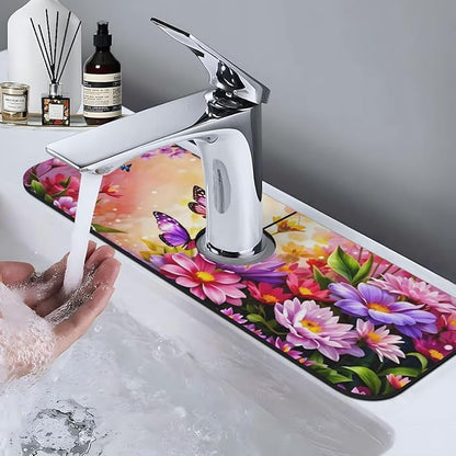 Pink butterfly flower Kitchen sink faucet pad, strong water absorption