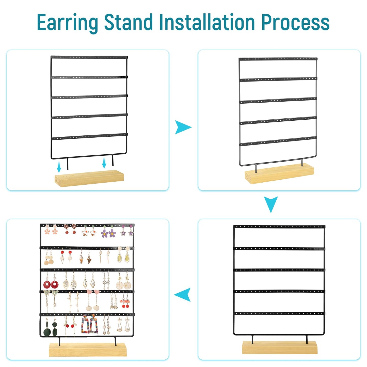 shidaishiye Earring Holder Organizer, 5-Tier Earring Organizer with 60-Pair Capacity, Wooden Base Metal Earring Display, Jewelry Storage & Display for Home Store, Suitable for Women