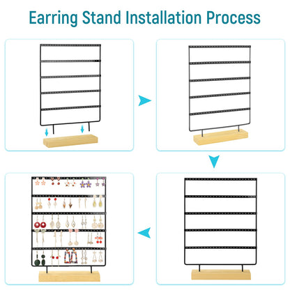 shidaishiye Earring Holder Organizer, 5-Tier Earring Organizer with 60-Pair Capacity, Wooden Base Metal Earring Display, Jewelry Storage & Display for Home Store, Suitable for Women