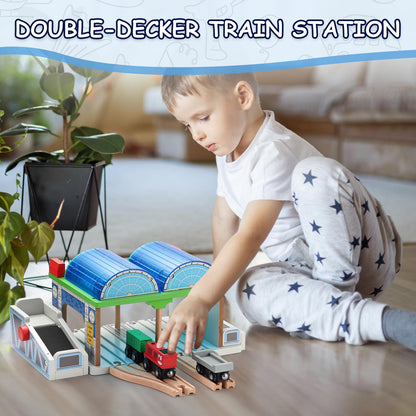 SainSmart Jr. Wooden Train Track Accessories - Premium Train Station with Double-Track Tracks and Conveyor Belt Fit for All Major Brands, Ideal Gift for Aged 3+