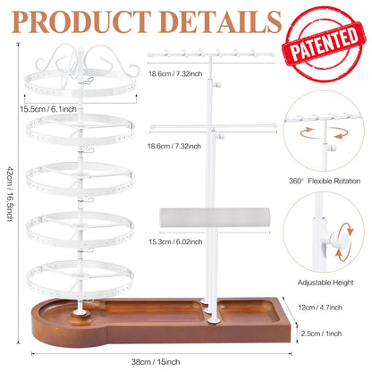 KALYLOC Jewelry Earring Holder Organizer, Adjustable 5 Tiers Rotating Earring Holder 3 Tier Necklace Holder with Wooden Base, Multi-Functional Jewelry Organizer Display Stand for Studs Bracelet Women