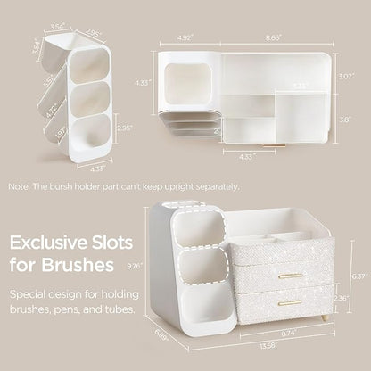 HBlife Makeup Organizer with Brush Holder for Vanity, Large Plastic Bathroom Countertop Organizer Skin Care Storage, Easy to Store Nail Polishes, Perfumes, Eyeshadow Palettes, Pearl All White