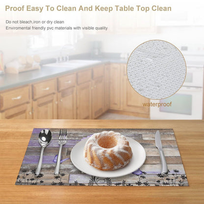 Daisy Placemats Set of 4, 12x18 Inch Farmhouse Daisy Floral Purple Butterfly Retro Wooden Plank Seasonal Spring Summer Holiday Farmhouse Coffee Table Mats for Party Kitchen Dining Decoration